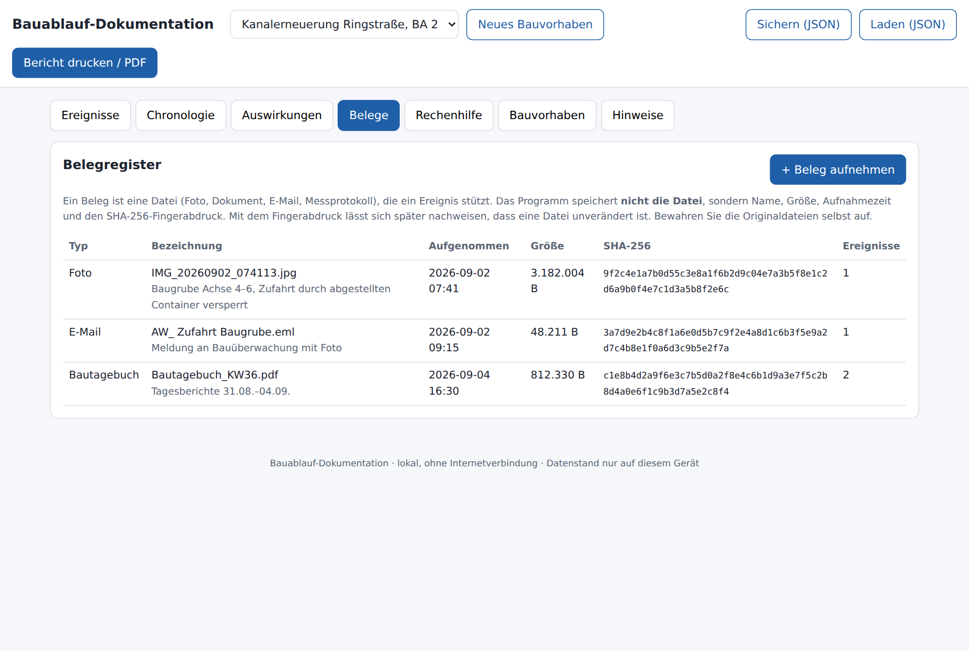 Ansicht Belegregister: Typ, Bezeichnung, Aufnahmezeit, Größe und SHA-256-Fingerabdruck jeder Belegdatei